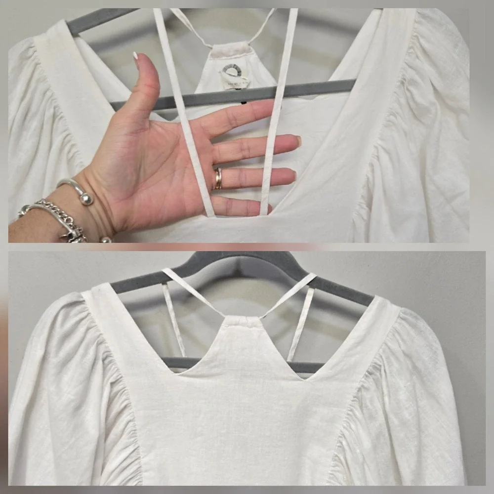 Anthropologie Akemi + Kin Top Small Linen Blend Puff Sleeve Strappy Boho Cottage